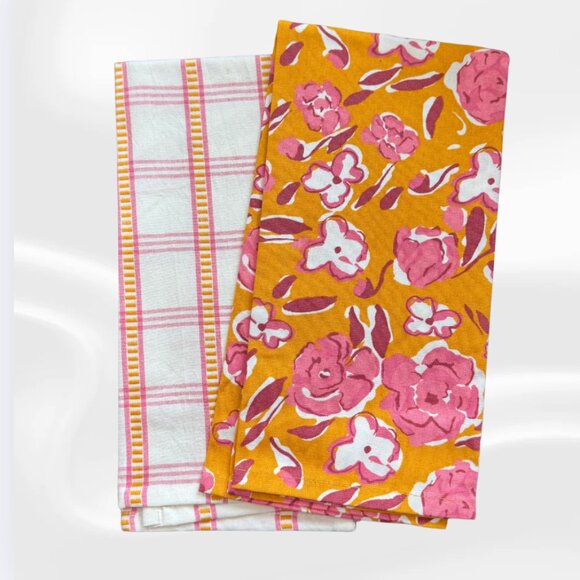 🌸 Floral + Plaid Cotton Tea Towel Set | Retro Orange & Pink Kitchen Towels - Picture 1 of 3